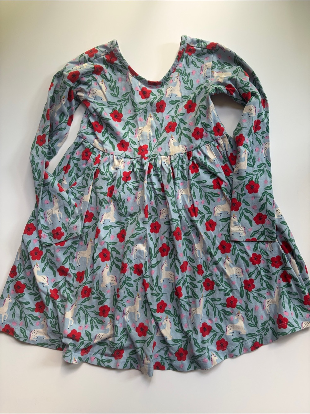 Hanna Andersson Light Blue Unicorn & Red Floral Long Sleeve Dress